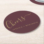 Cheers Minimalist Burgundy and Gold Custom Wedding Round Paper Coaster<br><div class="desc">Personalised Cheers Minimalist Burgundy and Gold Wedding Paper Coaster</div>