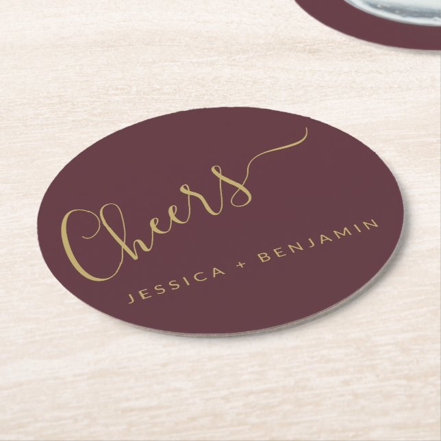 Cheers Minimalist Burgundy and Gold Custom Wedding Round Paper Coaster (Angled)