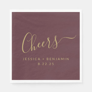 Cheers Minimalist Burgundy Gold Custom Wedding Napkin