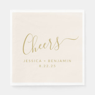Cheers Minimalist Ecru and Gold Custom Wedding Napkin