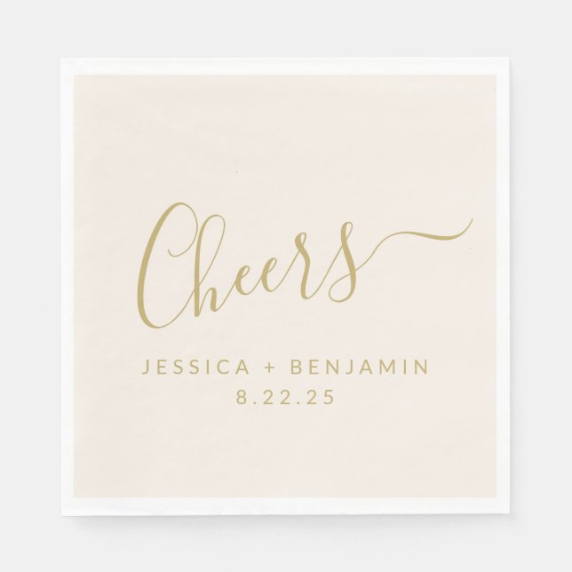 Cheers Minimalist Ecru and Gold Custom Wedding Napkin (Front)