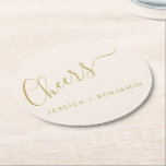 Cheers Minimalist Ecru and Gold Custom Wedding Round Paper Coaster<br><div class="desc">Personalised Cheers Minimalist Ecru and Gold Wedding Paper Coaster</div>