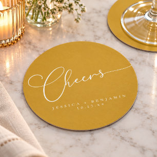 Cheers Minimalist Mustard Script Custom Wedding Round Paper Coaster