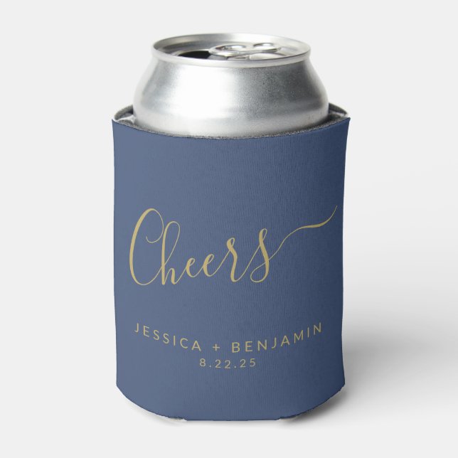 Cheers Minimalist Navy Blue Gold Custom Wedding Can Cooler (Can Front)