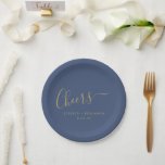 Cheers Minimalist Navy Blue Gold Custom Wedding Paper Plate<br><div class="desc">Personalised Cheers Minimalist Navy Blue and Gold Wedding Paper Plates</div>
