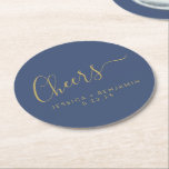 Cheers Minimalist Navy Blue Gold Custom Wedding  Round Paper Coaster<br><div class="desc">Personalised Cheers Minimalist Navy Blue and Gold Wedding Paper Coaster</div>