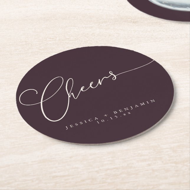 Cheers Minimalist Plum Script Custom Wedding Round Paper Coaster (Angled)