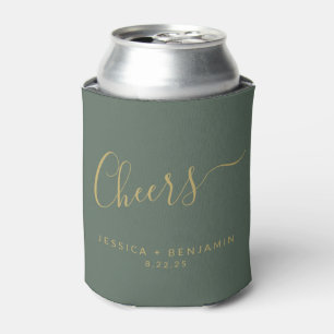 Cheers Minimalist Sage Green Gold Custom Wedding Can Cooler