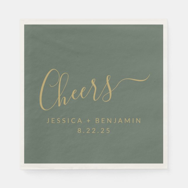 Cheers Minimalist Sage Green Gold Custom Wedding Napkin (Front)
