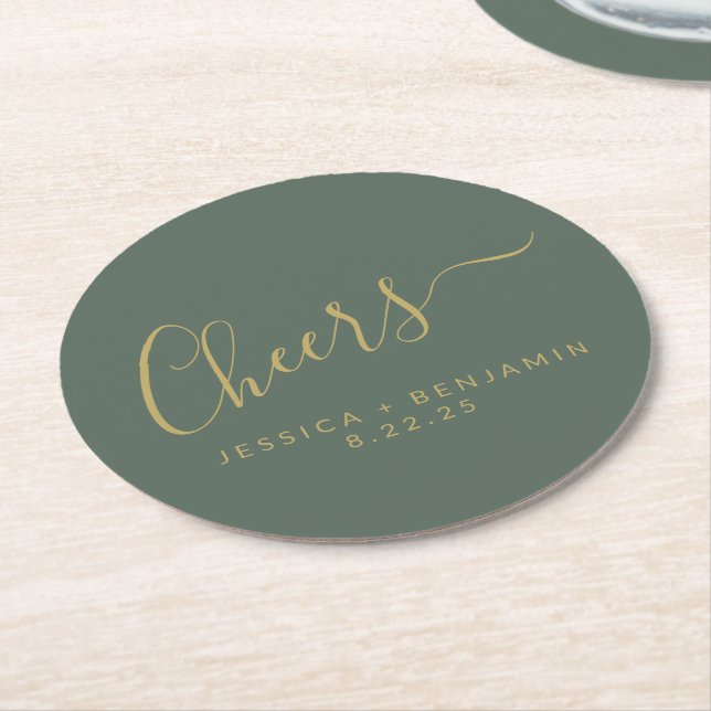 Cheers Minimalist Sage Green Gold Custom Wedding Round Paper Coaster (Angled)