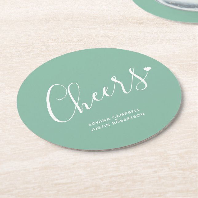 Cheers modern green white heart script coasters (Angled)