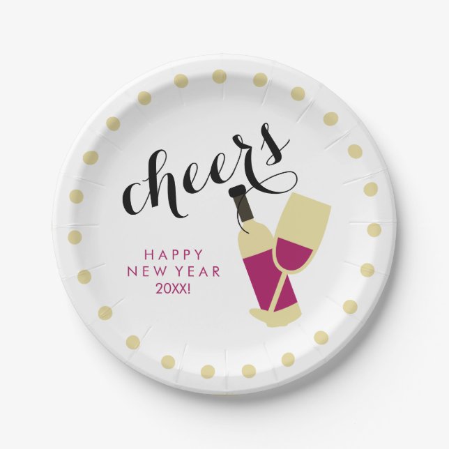 Cheers Modern Happy New Year Wine and Gold Dots Paper Plate (Front)