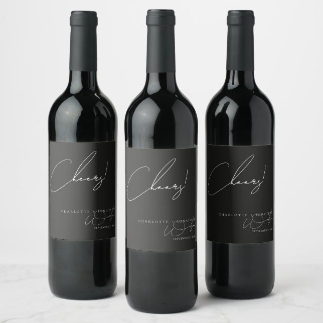 Cheers Modern Minimalist Black Wedding Party Wine Label (Bottles)