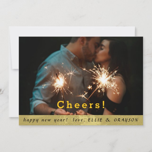 CHEERS Modern Photo & Gold Border New Year Holiday Card (Front)