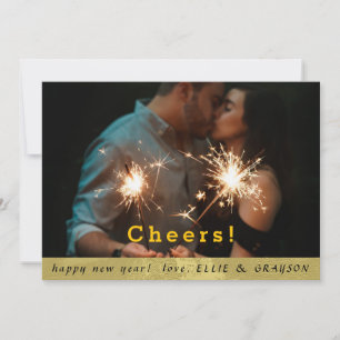 CHEERS Modern Photo & Gold Border New Year Holiday Card