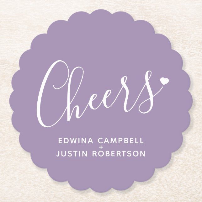 Cheers modern purple white heart script coasters (Front)