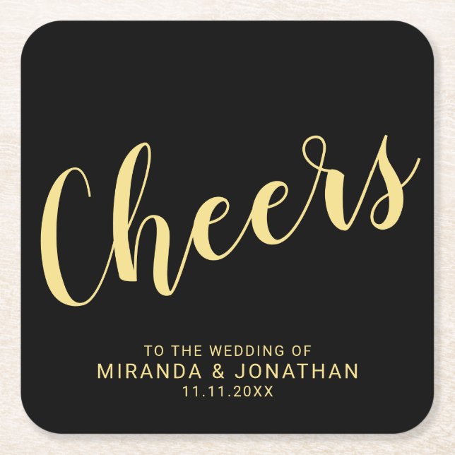 'Cheers' Modern Script Black and Gold Wedding Square Paper Coaster (Front)