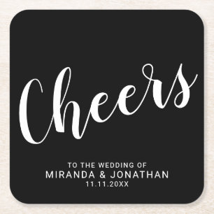'Cheers' Modern Script Black Wedding Square Paper Coaster