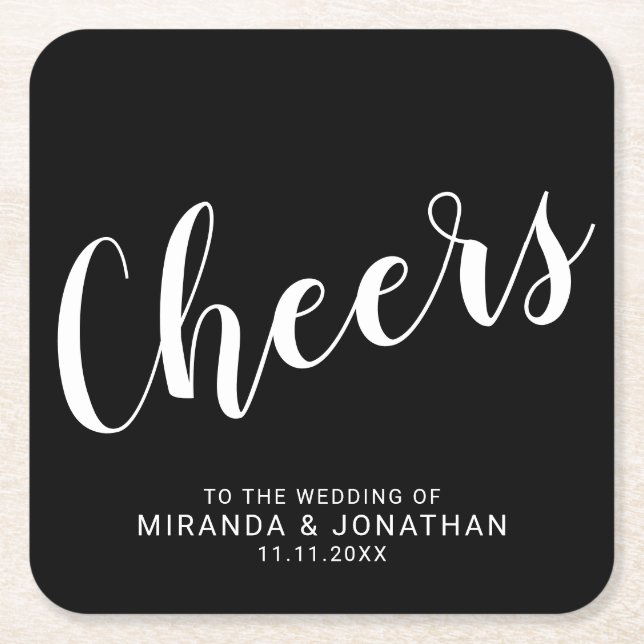 'Cheers' Modern Script Black Wedding Square Paper Coaster (Front)