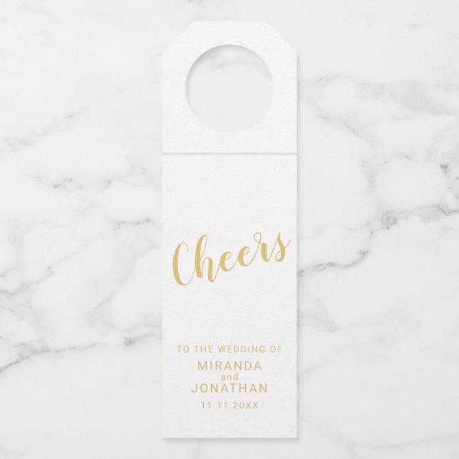 'Cheers' Modern Script Gold Wedding Bottle Tag (Front)