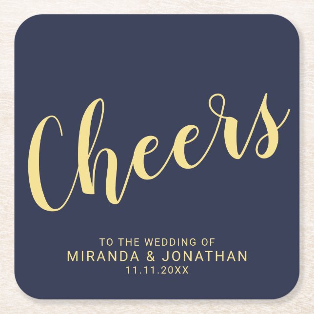 'Cheers' Modern Script Navy Blue and Gold Wedding Square Paper Coaster (Front)