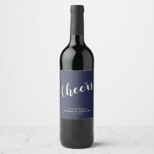 'Cheers' Modern Script Navy Blue Wedding Wine Label
