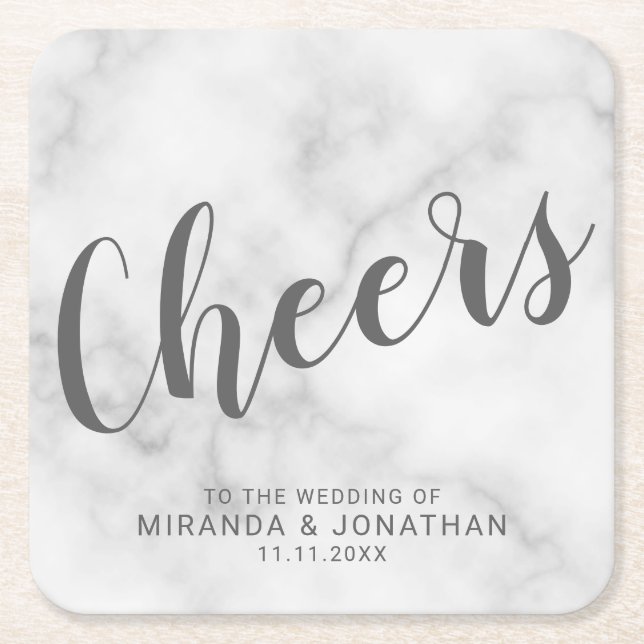 'Cheers' Modern Script White Marble Wedding Square Paper Coaster (Front)