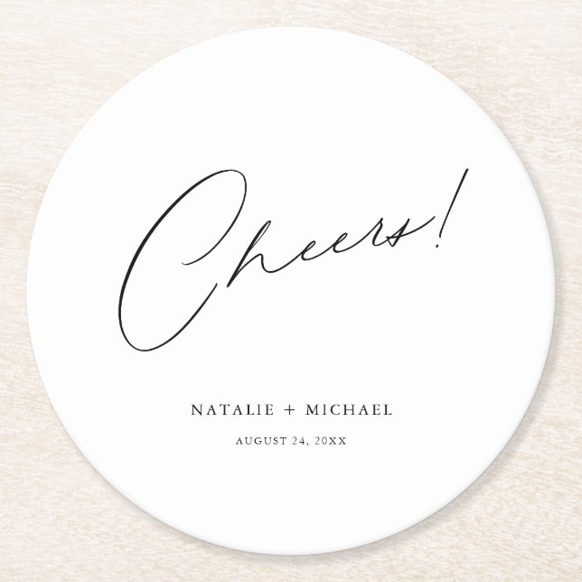 Cheers Modern Unique Personalised Custom Wedding Round Paper Coaster (Front)