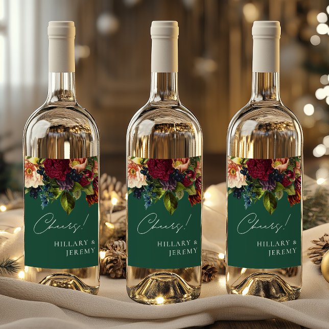 Cheers! Moody Floral Wedding Emerald Wine Label (Creator Uploaded)