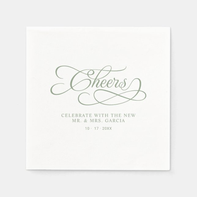 Cheers Mr & Mrs Elegant Wedding Sage Green Napkin (Front)