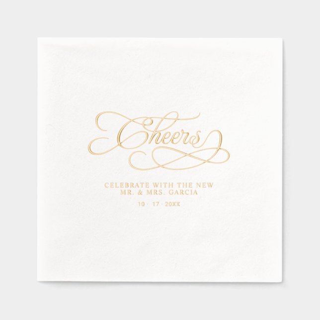 Cheers Mr & Mrs Wedding Calligraphy Gold Foil Napkins (Front)