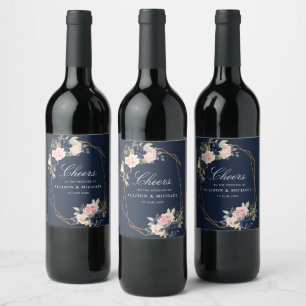 CHEERS navy and blush floral wedding Wine Label