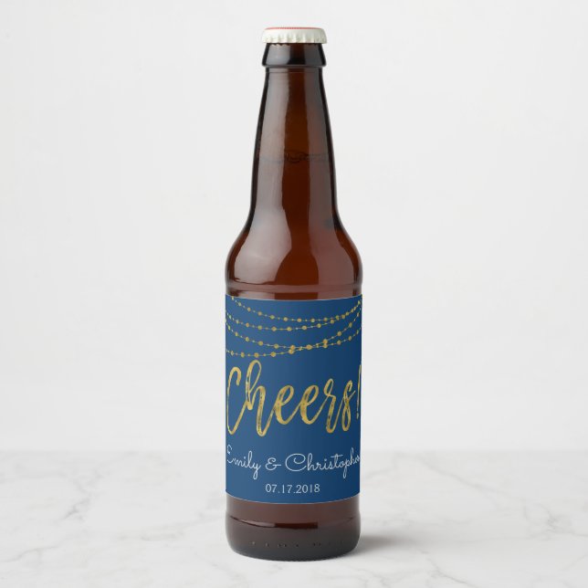 Cheers Navy Blue and Gold Foil String Lights Beer Bottle Label (Front)