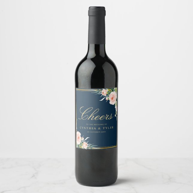 CHEERS | navy blue & blush floral wedding Wine Label (Front)