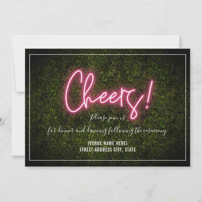 Cheers  Neon Boxwood Wedding Reception Invitation (Front)
