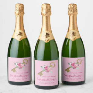 Cheers New Home   Pink Chic Floral and Retro Key  Sparkling Wine Label