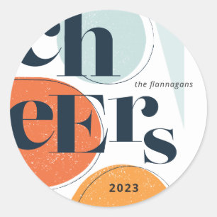 Cheers New Year Abstract Tangerine Aqua Classic Round Sticker