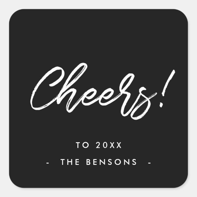Cheers New Year black and white modern typography Square Sticker (Front)