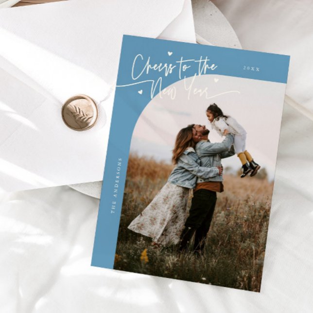 Cheers New Year Denim Blue Curved Frame Photo Holiday Card (Creator Uploaded)