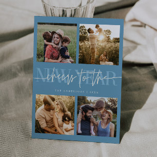 CHEERS New Year Denim Blue Photo Grid Holiday Card