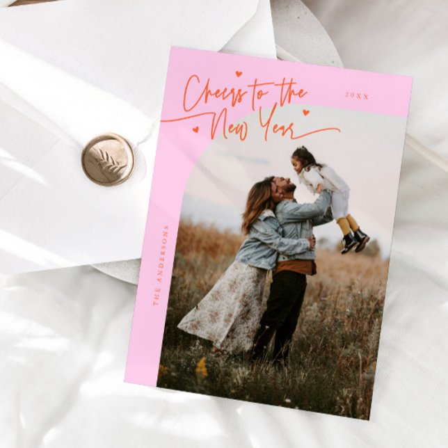 Cheers New Year Orange Pink Curved Frame Photo Holiday Card (Creator Uploaded)