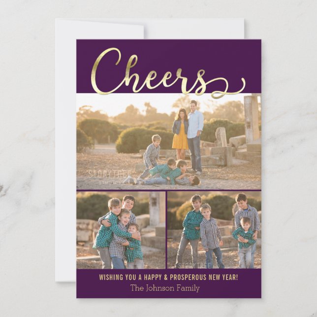Cheers New Year Purple Gold Holiday Photo Card (Front)