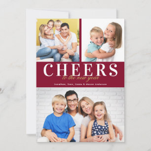 Cheers New Year Red and Gold Typography 3 Photos Holiday Card