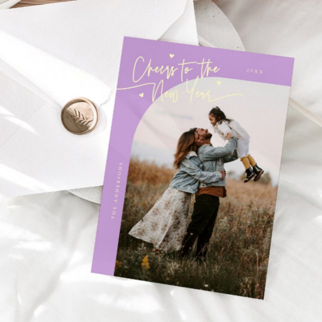 Cheers New Year Wisteria Lemon Curved Frame Photo Holiday Card (Creator Uploaded)