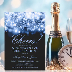 CHEERS! New Years Eve Navy Blue Sparkle Lights Invitation