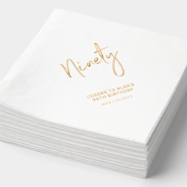 Cheers Ninety | Modern Adult 90th Birthday Party Foil Napkins (Detail)