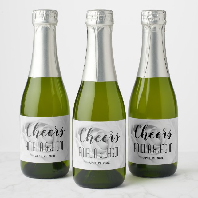 Cheers on Black and White Rose Blossom Wedding Sparkling Wine Label (Bottles)