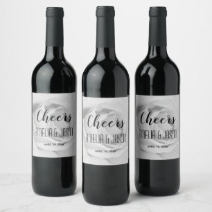 Cheers on Black and White Rose Blossom Wedding Wine Label