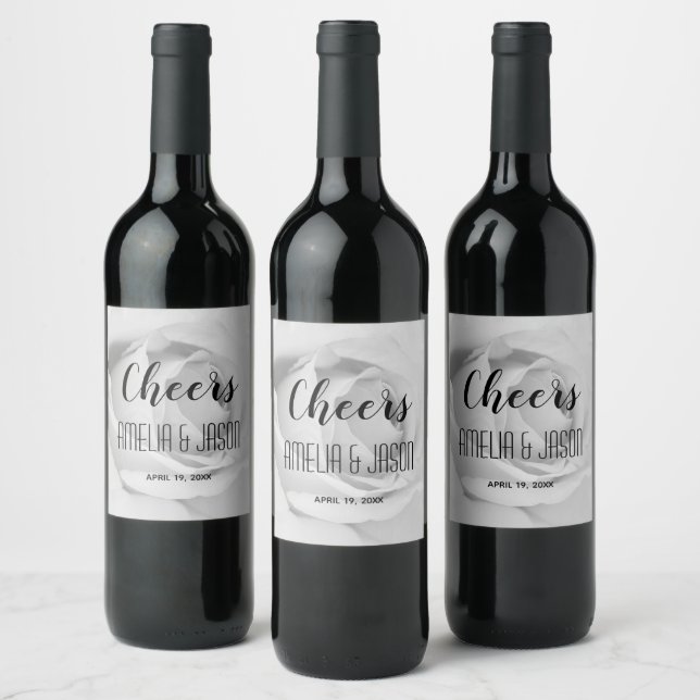 Cheers on Black and White Rose Blossom Wedding Wine Label (Bottles)