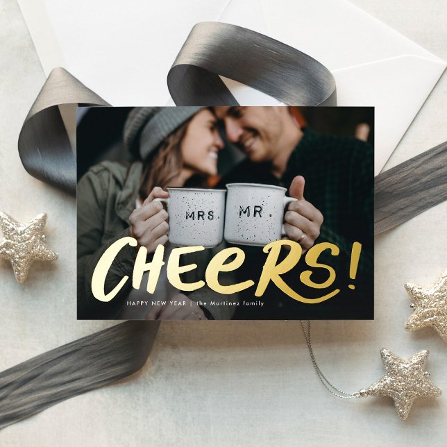 Cheers one photo bold happy new year foil holiday card (Creator Uploaded)